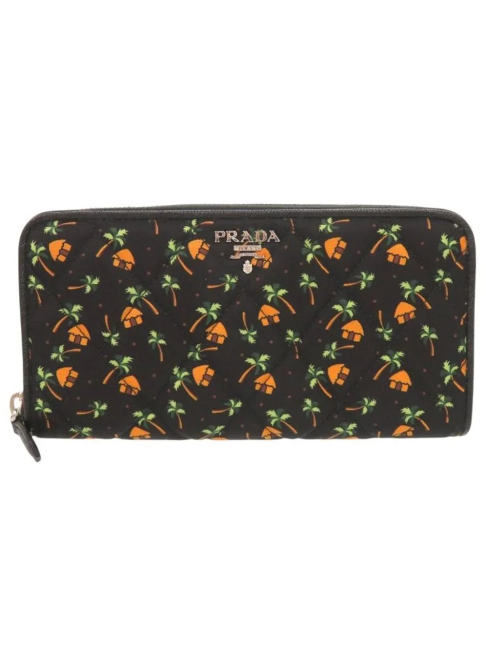 Prada Palm Tree House Nylon Saffiano Leather Black Multicolor Zip Around Wallet